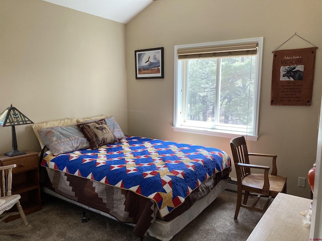 bedroom featuring carpet flooring and lofted ceiling