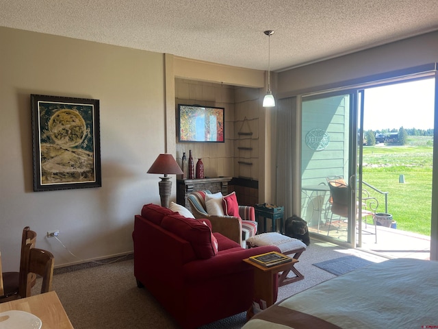 carpeted living room featuring a textured ceiling