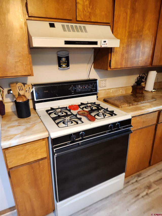 kitchen featuring ventilation hood, white gas stove, and light hardwood / wood-style flooring