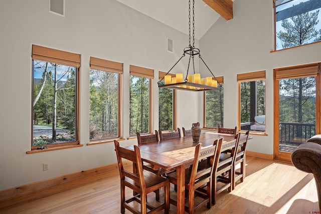 dining space featuring beam ceiling, a wealth of natural light, high vaulted ceiling, and a chandelier