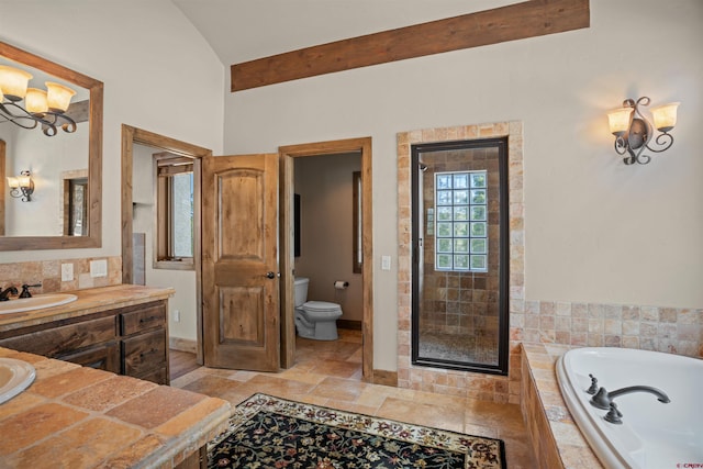 full bathroom featuring vanity, lofted ceiling, toilet, independent shower and bath, and a notable chandelier