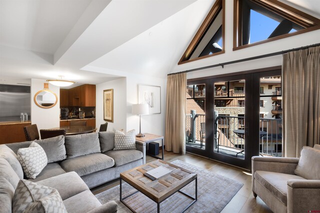 living room featuring lofted ceiling and wood-type flooring