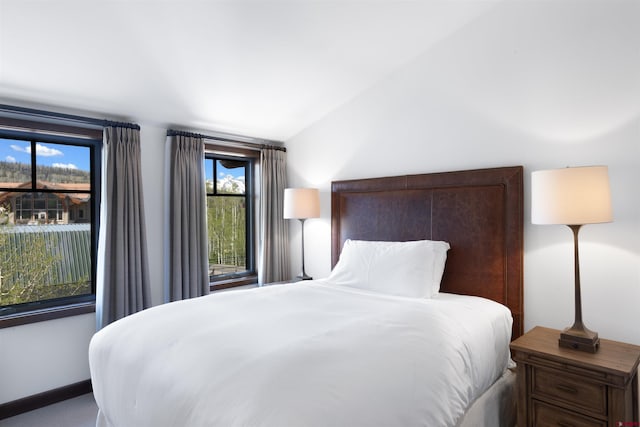 bedroom featuring lofted ceiling