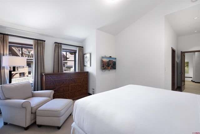 bedroom with lofted ceiling and light carpet