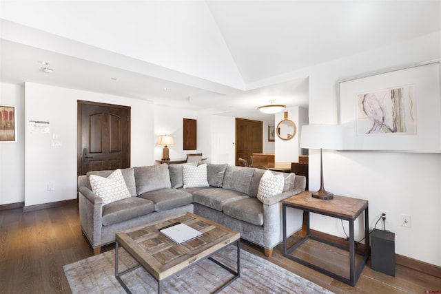 living room featuring lofted ceiling and dark wood-type flooring