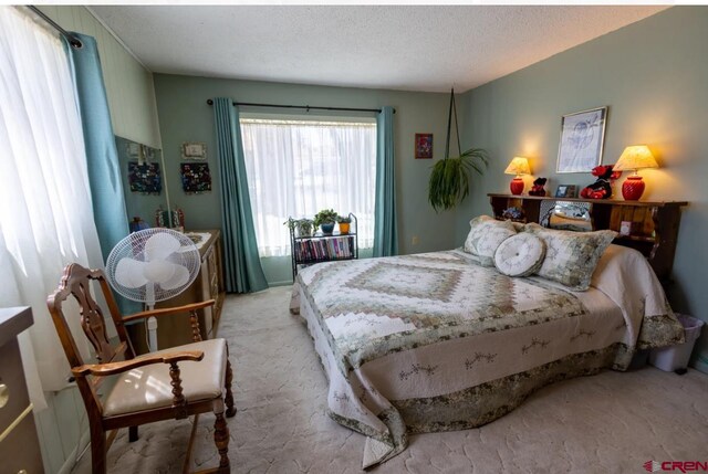 carpeted bedroom with a textured ceiling