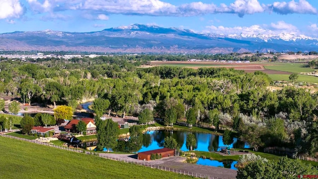 bird's eye view featuring a water and mountain view