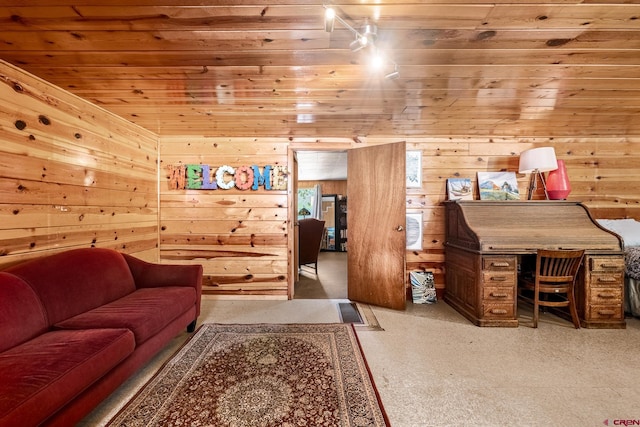 office area with carpet flooring, wood walls, and wooden ceiling