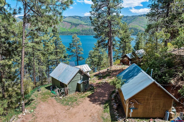 birds eye view of property with a water and mountain view