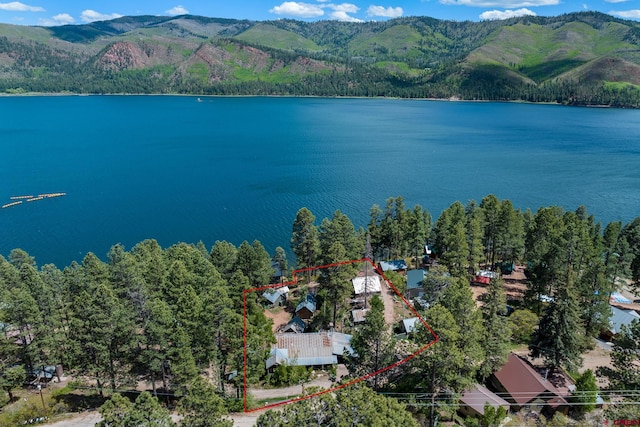 birds eye view of property featuring a water and mountain view