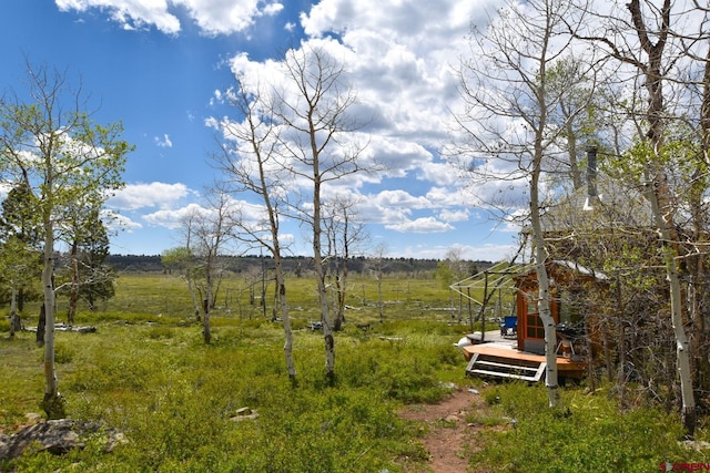 view of yard with a rural view and a wooden deck