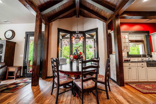 dining room with vaulted ceiling with beams, wooden ceiling, sink, and light wood-type flooring