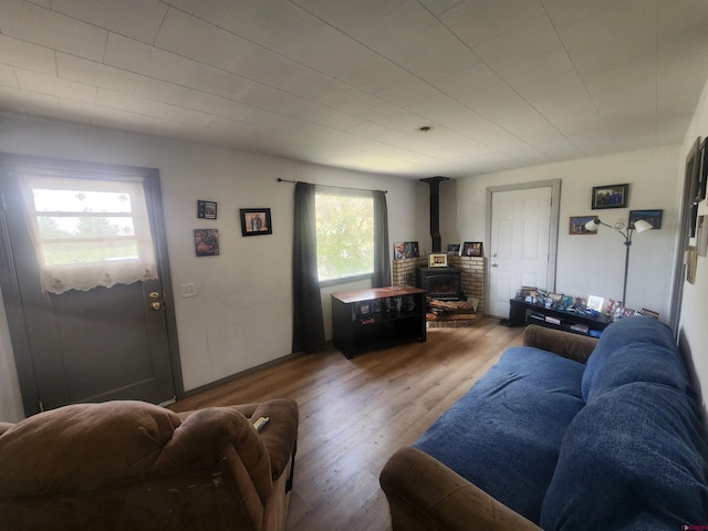 living room featuring a wood stove and wood finished floors