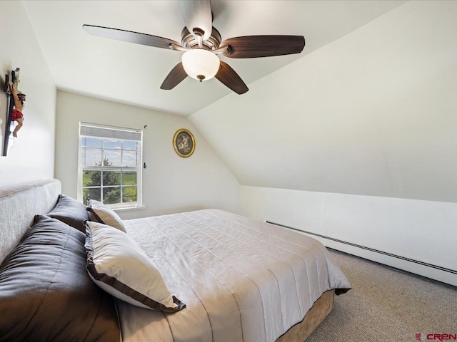 bedroom with lofted ceiling, carpet, and ceiling fan