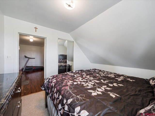 bedroom with hardwood / wood-style floors and lofted ceiling