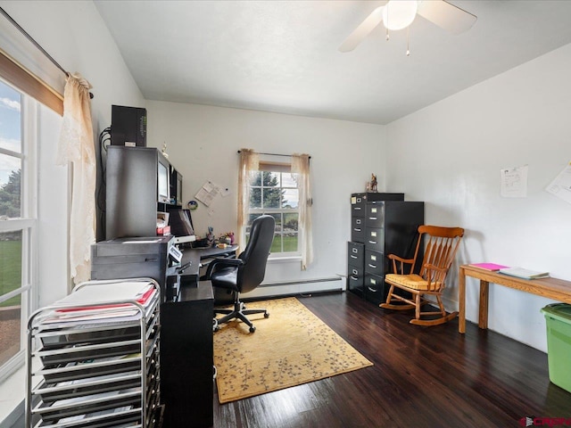 office space featuring a baseboard heating unit, dark wood-type flooring, and ceiling fan