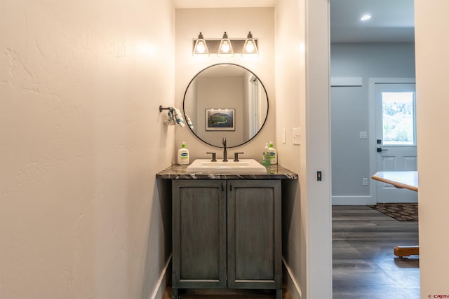 bathroom with wood-type flooring and vanity