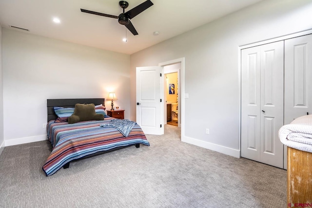 bedroom featuring carpet flooring, ceiling fan, and a closet