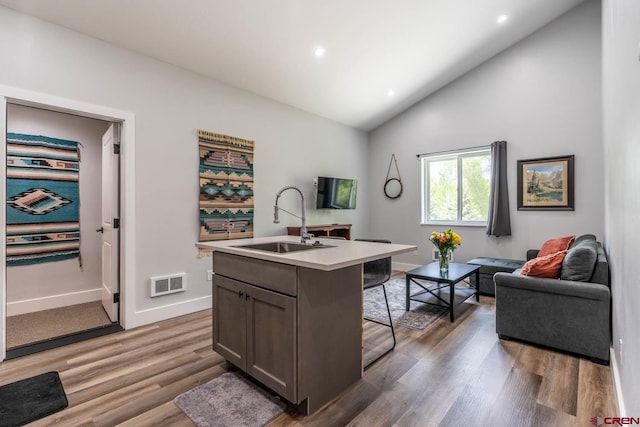 kitchen featuring a kitchen bar, wood-type flooring, a kitchen island with sink, and sink