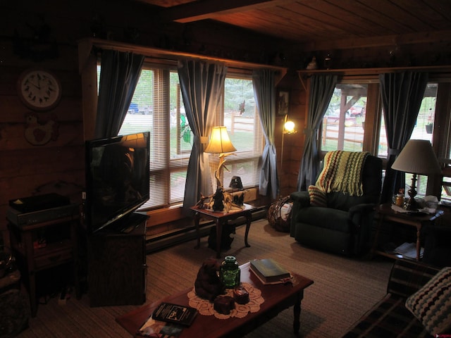 living room with wood ceiling