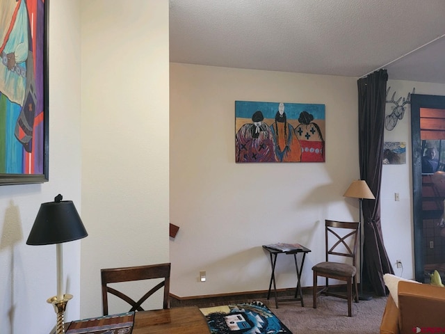 living area with carpet flooring and a textured ceiling