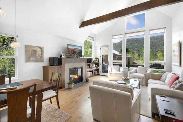 living room with a healthy amount of sunlight, beamed ceiling, and light hardwood / wood-style flooring