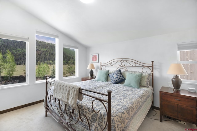 bedroom featuring lofted ceiling, carpet, and baseboards