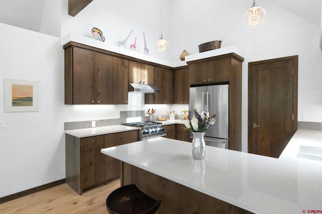 kitchen with high quality appliances, decorative light fixtures, dark brown cabinetry, and light wood-type flooring