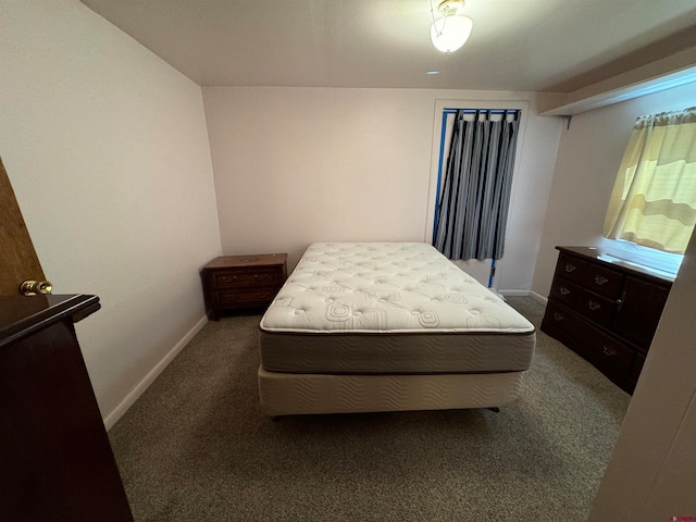 bedroom with dark colored carpet