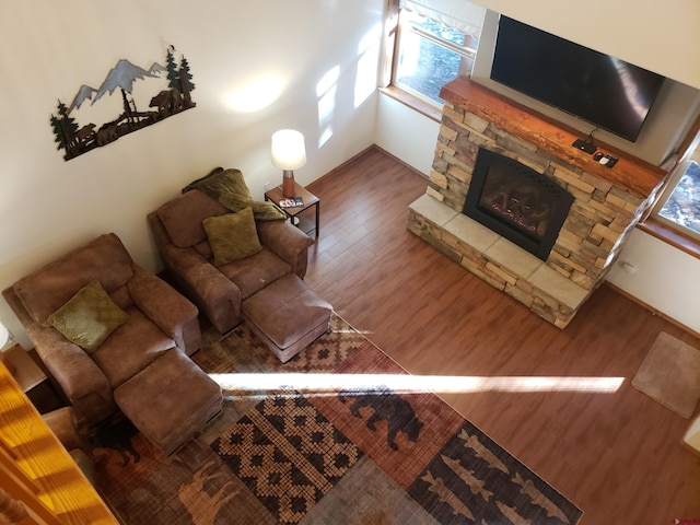 living room with a fireplace and dark wood-type flooring