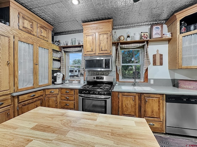 kitchen featuring wooden counters, appliances with stainless steel finishes, and sink