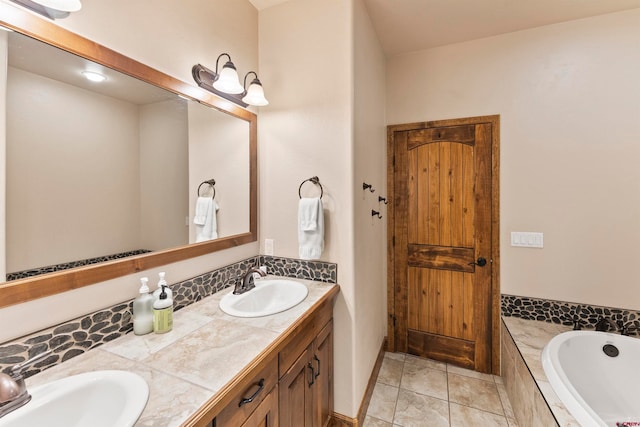 bathroom featuring dual bowl vanity, tiled bath, and tile flooring