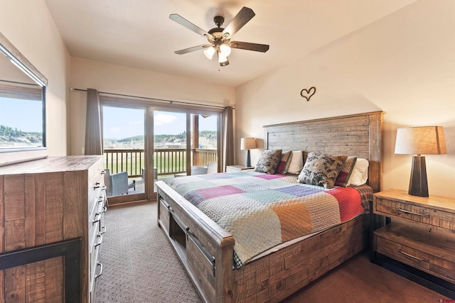 carpeted bedroom featuring ceiling fan and access to exterior