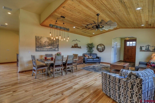 dining area with ornamental molding, wooden ceiling, ceiling fan, and light wood-type flooring