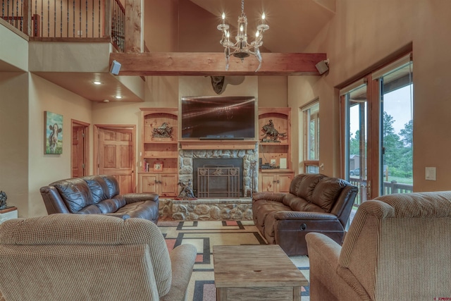 living room featuring a fireplace and an inviting chandelier