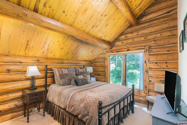 47 High Noon Ln, Telluride, CO 81435 - bedroom featuring rustic walls, wooden ceiling, and light colored carpet