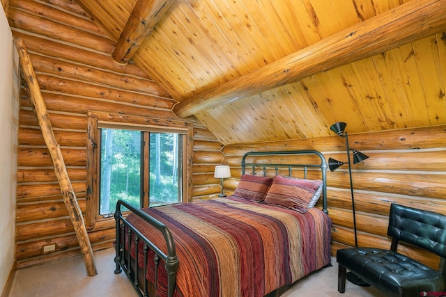 47 High Noon Ln, Telluride, CO 81435 - bedroom featuring rustic walls, wooden ceiling, and light carpet