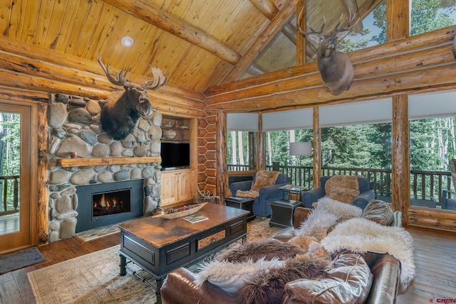 47 High Noon Ln, Telluride, CO 81435 - living room featuring a wooden ceiling with exposed beams, hardwood / wood-style floors, a stone fireplace, log walls, and high vaulted ceiling