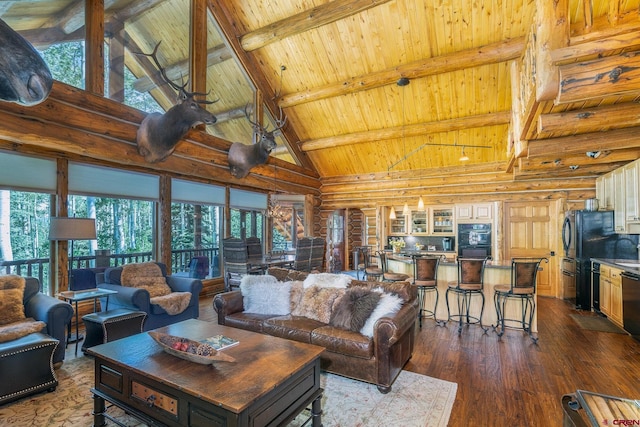 47 High Noon Ln, Telluride, CO 81435 - living area with rustic walls, a wood ceiling with exposed beams, high vaulted ceiling, and dark wood finished floors