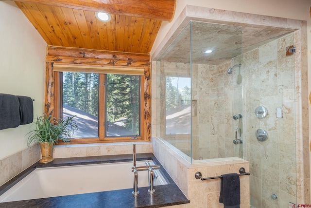 47 High Noon Ln, Telluride, CO 81435 - bathroom with a garden tub, tiled shower, recessed lighting, and wood ceiling
