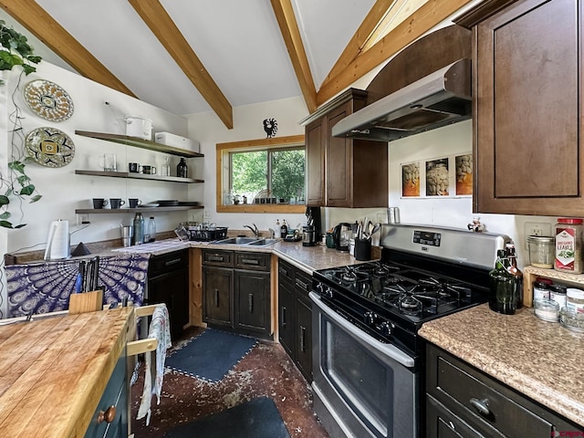 kitchen featuring sink, stainless steel gas range, wooden counters, lofted ceiling with beams, and range hood