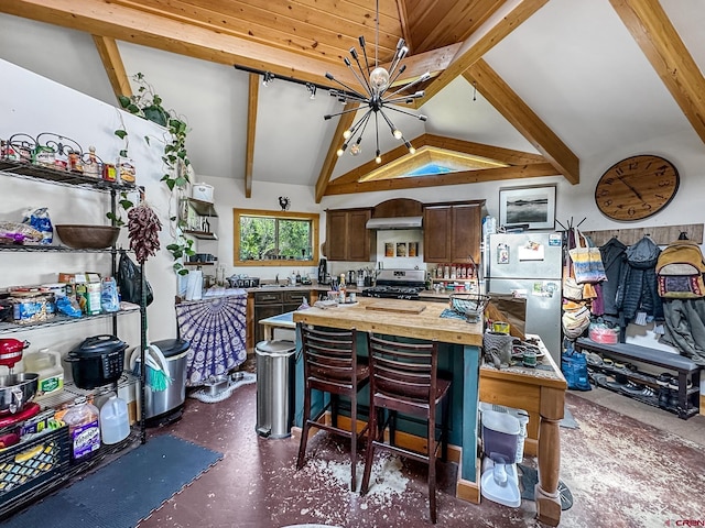 kitchen featuring beam ceiling, stainless steel appliances, high vaulted ceiling, a chandelier, and extractor fan