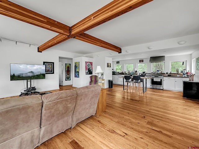 living room with light hardwood / wood-style flooring, rail lighting, and beamed ceiling