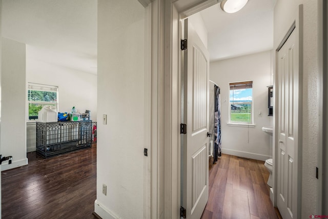 hallway featuring dark wood finished floors and baseboards