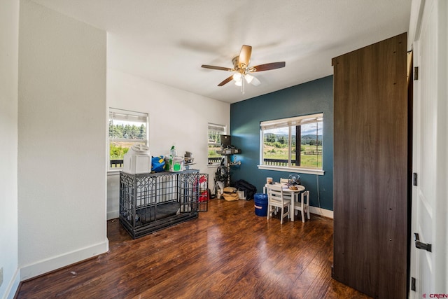 misc room with plenty of natural light, ceiling fan, baseboards, and wood finished floors