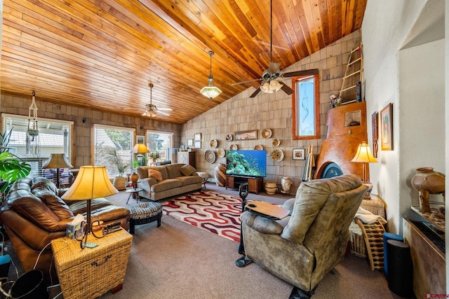 carpeted living room with vaulted ceiling, ceiling fan, and wood ceiling