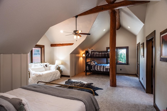 carpeted bedroom featuring vaulted ceiling with beams and ceiling fan