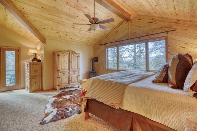 carpeted bedroom with access to outside, ceiling fan, wooden ceiling, and wood walls