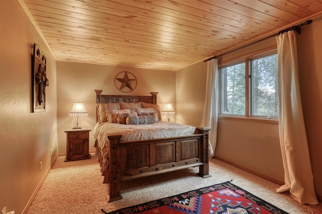 carpeted bedroom featuring ornamental molding and wooden ceiling