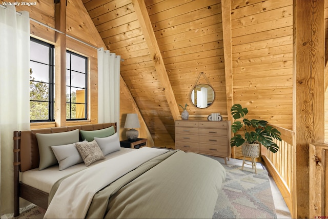 carpeted bedroom with wooden ceiling, vaulted ceiling with beams, and wooden walls